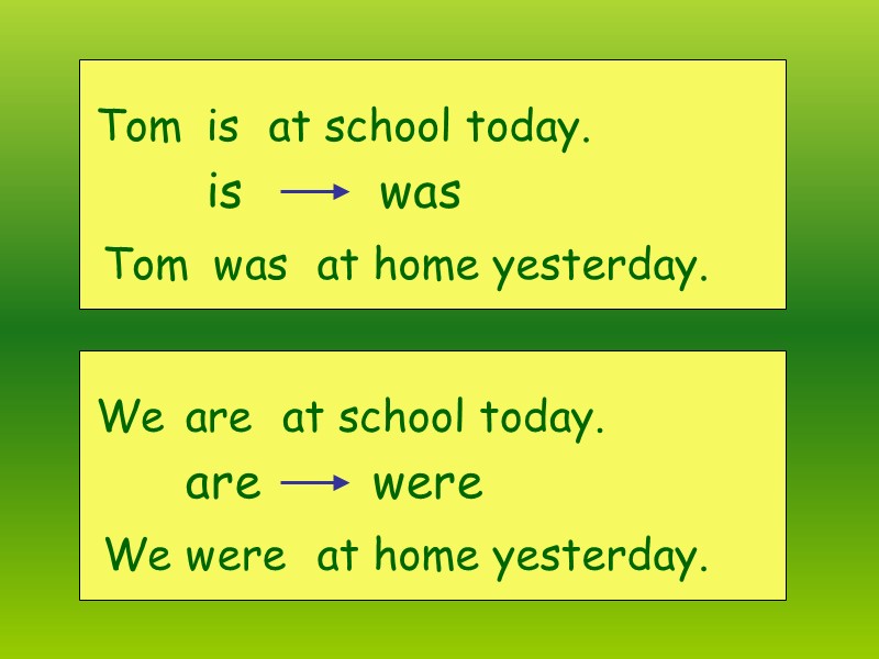Tom  at school today. is is was Tom  at home yesterday. was